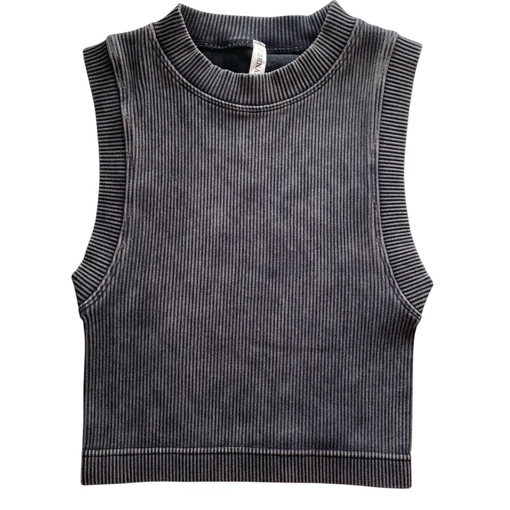 Zenana Stone Washed Ribbed Grey Seamless Crop Tank Top